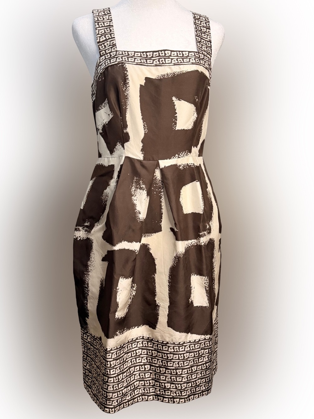 Banana Republic 100% Silk Sheath Dress 4 Brown Ivory Abstract Pockets & Lined